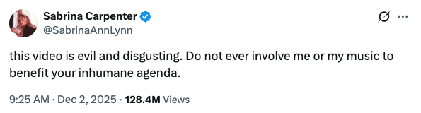 Captura de Pantalla 2025-12-04 a las 104321 - El INFORMANTE tweet-de-sabrina-carpenter-respondiendo-a-video-de-propaganda-de-ICE-de-la-casa-blanca