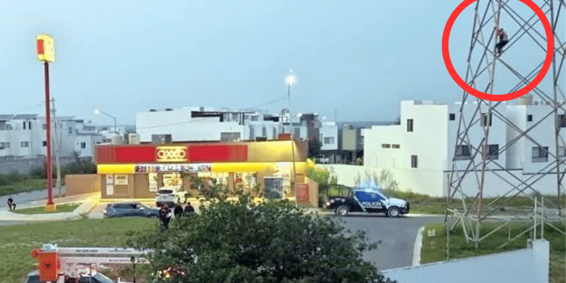 Rescatan a abuelita tras subirse a una torre de alta tensión en Apodaca