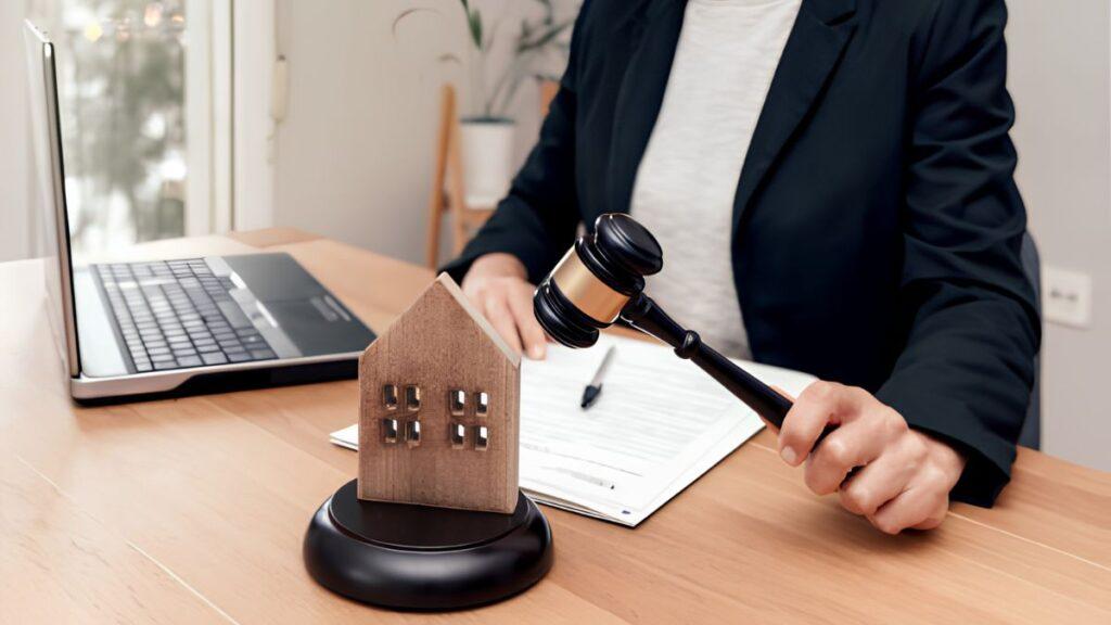 Real estate closing scene: gavel near a small wooden house model on a desk with a laptop and papers nearby.