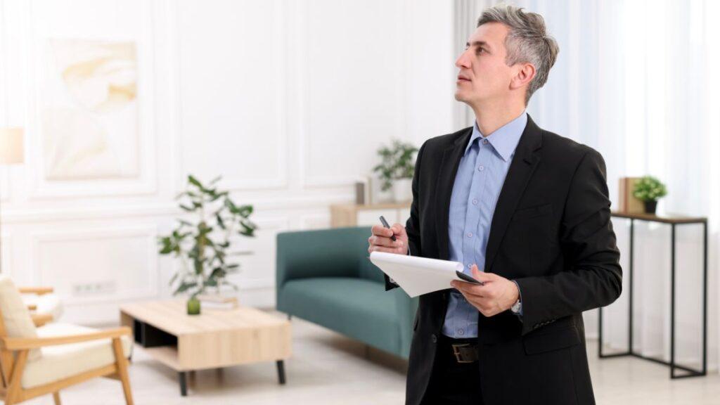 Professional man in a dark suit holding a notepad and pen, looking up in a bright modern office setting.