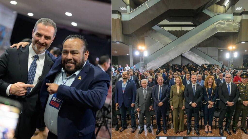 Left: two men in suits smile and pose together; right: a large group of officials at a formal indoor event near a modern staircase.
