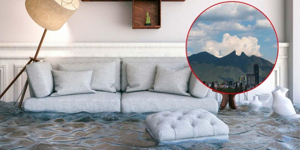 Living room flooded with water up to the sofa; a circular inset shows a distant mountainous skyline and cityscape in red outline.