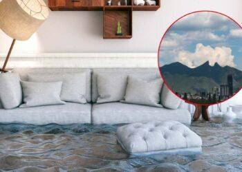 Living room flooded with water up to the sofa; a circular inset shows a distant mountainous skyline and cityscape in red outline.